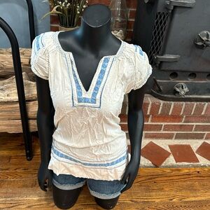 Lucky Brand White Tunic Top with Blue Embroidery